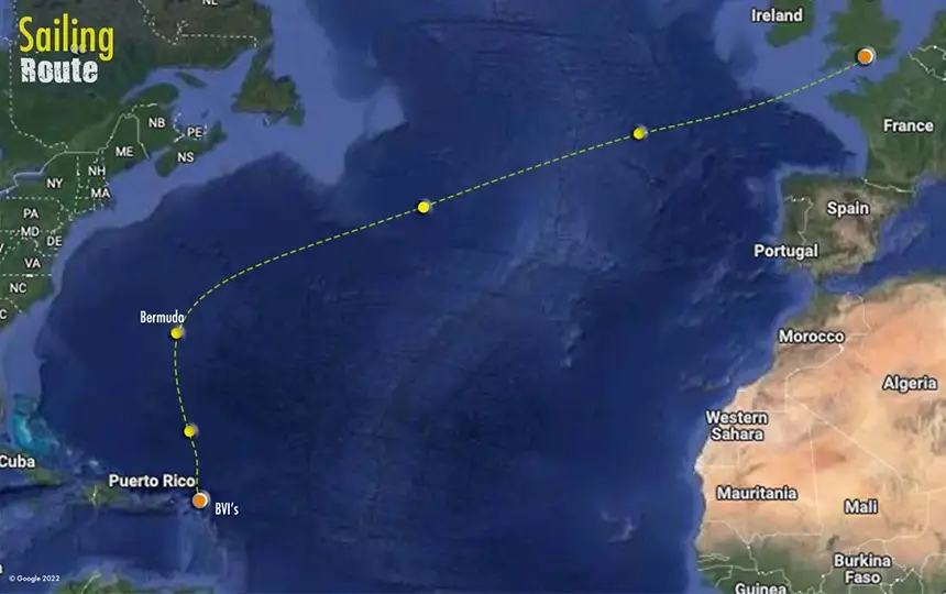 sailing route across the Atlantic Ocean