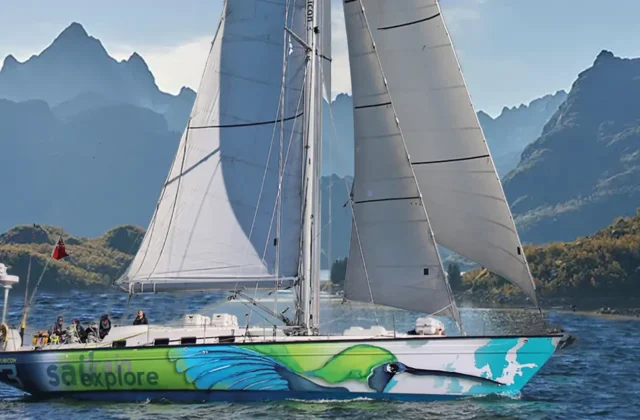 yacht by beautiful mountains