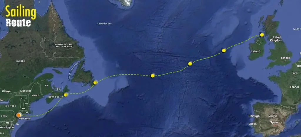 Atlantic crossing route map from NYC