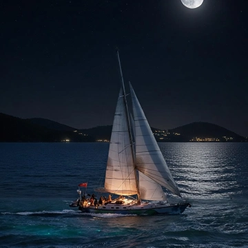 Yacht sailing at night