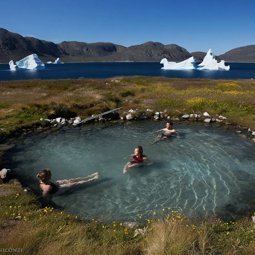 Marineros disfrutando de unas aguas termales con icebergs de fondo