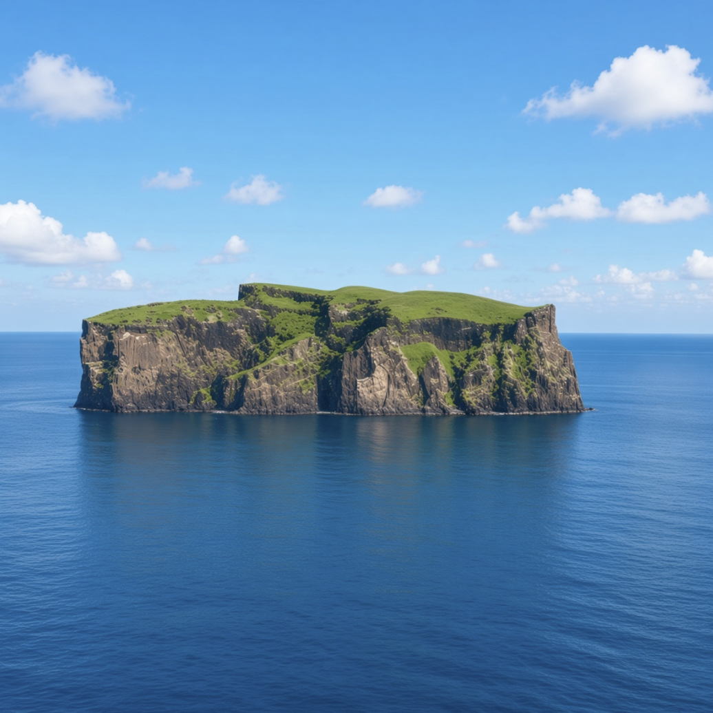 Aerial view from approximately 100 feet up of Surtsey, a rocky volcanic island covered in lush green summer grass, rising from a calm deep-blue ocean under a clear bright blue sky with scattered soft white clouds.